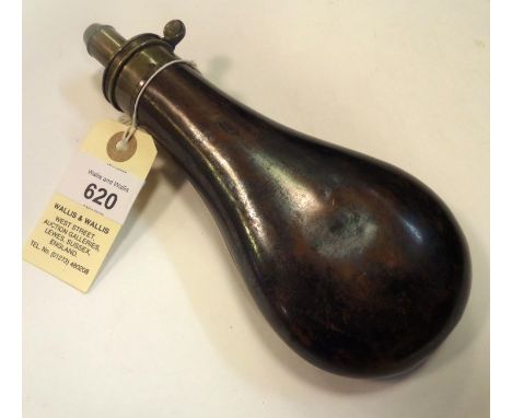 A copper powder flask ‘Panel’ (Riling 531 without rings), patent brass top by ‘G &amp; J W Hawksley, Sheffield’, 3 position g