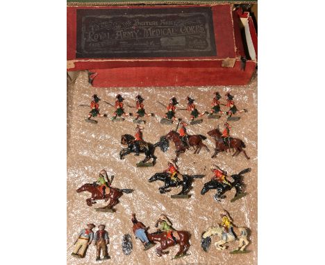 19x Britains lead figures. A 'Types of the British Army' series Royal Army Medical Corps wagon set (145) 1956 version. Compri