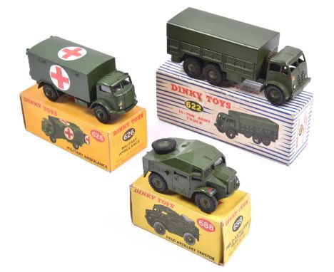 3 Dinky Toys Military Vehicles. Foden 10-Ton Army Truck (622). Military Ambulance (626). Plus a Field Artillery Tractor (688)