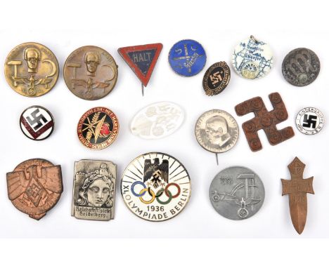 18 various Third Reich ‘tinnies’ and other mainly pin back badges, etc, including gilt and enamel ‘XI Olympiade Berlin 1936’,