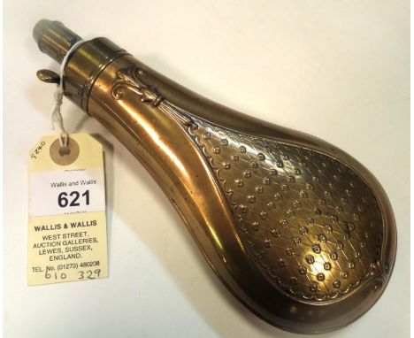 A copper powder flask ‘Panel’ (Riling 540), common brass top, graduated nozzle 2¼ to 2¾ drams, 7¾” overall. GC, a clean examp