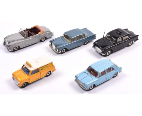 5 Dinky Toys. Bentley S2 Convertible (194), in grey with red interior. Mercedes-Benz 220SE (186), in RAF blue with cream inte