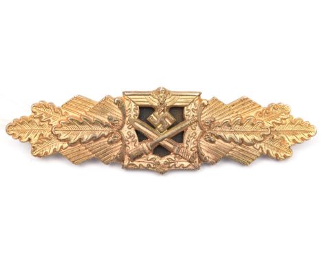A Third Reich Army Close Combat clasp, in gold. This appears to be the special pattern with central rivet, top hook and flat 