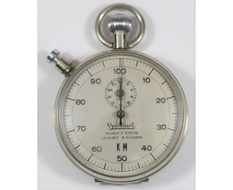 Hanhart Kriegsmarine 1/100th minute stopwatch. Plated case, hinged back, 51mm diameter. Dial marked with Hanhart in script, a