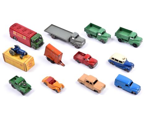 11 Dublo Dinky Toys. AEC Mercury Shell/BP Petrol Tanker. Bedford flatbed lorry. 2x Austin lorries, grey and black wheel versi