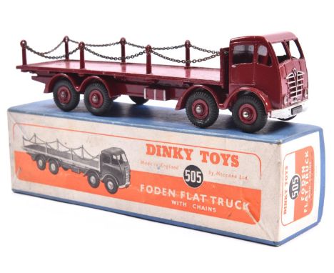 Dinky Supertoys Foden Flat Truck with chains (505). An FG example in maroon with maroon wheels, black tyres and complete with