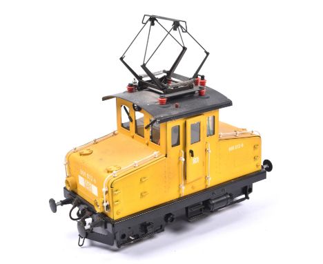 A Marklin Gauge One (Spur 1), 45mm,  Deutsche Bahn 0-4-0 Class 869 locomotive. An electric pantograph shunter in DB yellow li