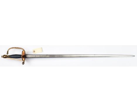 A 1796 pattern infantry officer’s sword,  straight SE fullered blade, 32”, marked ‘J.J. Runkel Solingen’ on backstrap, etched