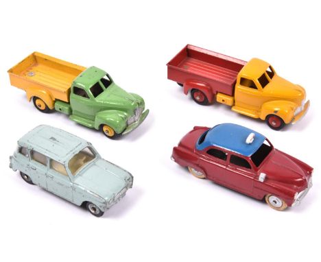 4 French Dinky Toys. Simca 9 Aronde TAXI (24U). In maroon with blue roof, plated wheels (over painted in silver). 2x Studebak