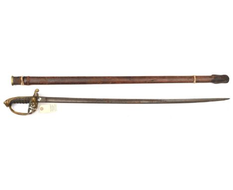 A Vic 1845 pattern infantry officers sword,  curved fullered blade 32”, with traces of etching, brass hilt with traces of gil