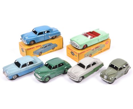 6 Dinky Toys. Austin Devon. Ford Zephyr in two-tone blue. Vauxhall Cresta in grey &amp; green. Morris Oxford in green. Austin