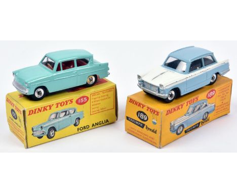 2 Dinky Toys. Ford Anglia (155) in turquoise with red interior. Plus a Triumph Herald (189) in light blue and white. Both box