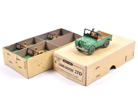 A scarce Dinky Toys Trade Pack for '4 Land Rover 27D'. Containing 4 examples, all in shades of mid green with tan/cream inter