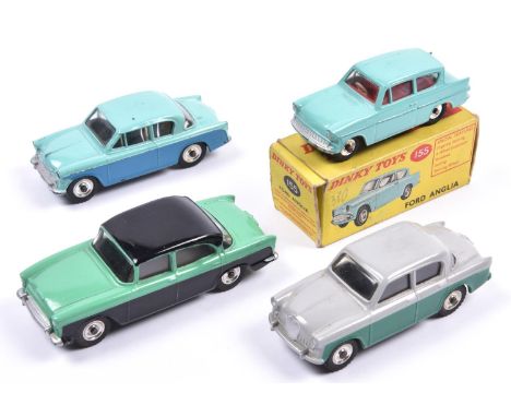 4 Dinky Toys. Humber Hawk (165), an example in mid green with black roof panel and lower sides. A Singer Gazelle (168), in li