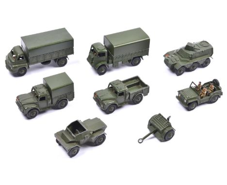 12 Dinky military items. 3x 1 Ton Cargo Trucks, 3-Ton Bedford Army Wagon, Army Wagon, Austin Champ, Armoured Personnel Carrie