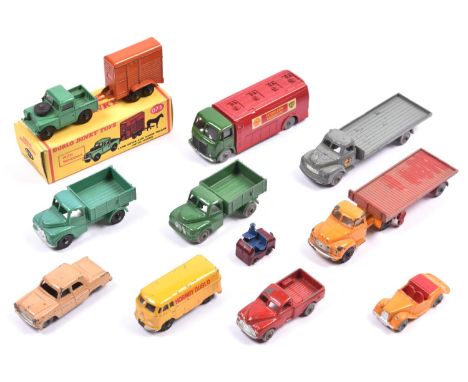 11 Dublo Dinky Toys. AEC Mercury Shell/BP Petrol Tanker. Bedford flatbed lorry. 2x Austin lorries, grey and black wheel versi