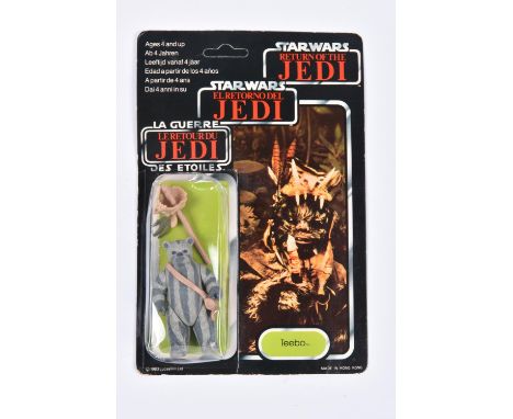A Palitoy Star Wars Tri-logo Return of the Jedi Ewok Teebo vintage 3.75" figure. On a sealed 1983 unpunched 70 back card bubb
