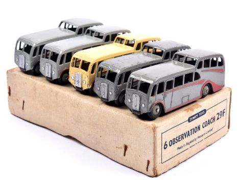 A scarce Dinky Toys Trade Pack for '6 Observation Coach 29F'. Containing 5- 4 examples in shades of grey with red flashes and