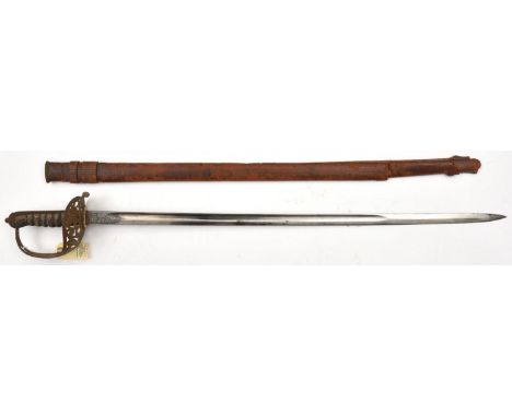 A late 19th century heavy cavalry officer’s service sword,  plain, plated, very slightly curved fullered blade 35”, by Henry 