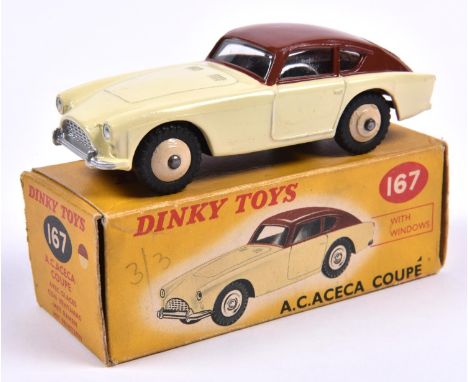 Dinky Toys A.C. Aceca Coupe (167). In cream and dark brown with cream wheels and black rubber tyres. Boxed, some wear overall