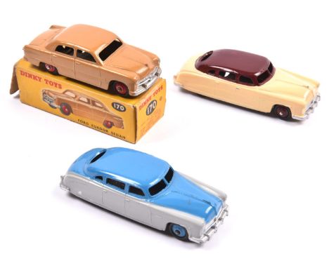 3 Dinky Toys American Cars - 2x Hudson 'Commodore' Sedans (171). An example in cream with maroon roof and maroon wheels and a