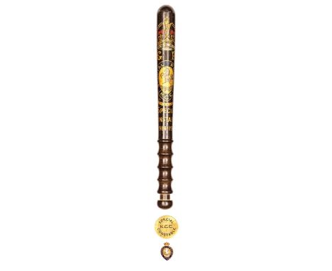 A lignum vitae presentation truncheon for WWI Service in Kent (Swanley) Special Police, polychrome transfer crowned GR, Horse