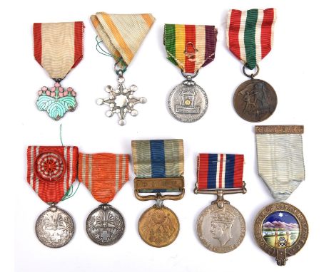 Japan: Order of the Rising Sun, 7th Class (enamel chipped) VF; Order of the Sacred Treasure, 8th class, VF; Showa Enthronemen