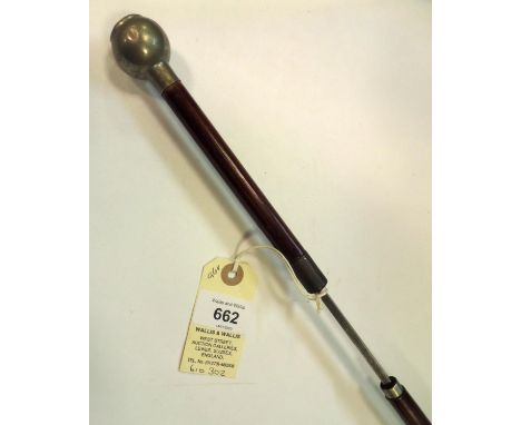 A slender swordstick, with WM ball top of the 13th County of London Regt (Kensington), square section blade, 24”, brown stain