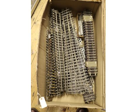 A quantity of Gauge One railway track. Marcway points including; a 3-way 32" set. Long radius (33") r/h. 2x long radius (29")