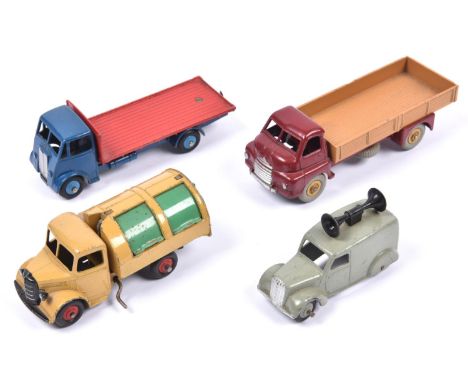 4 Dinky Toys. Big Bedford Lorry with maroon chassis &amp; cab, fawn body &amp; wheels. Guy Flatbed with mid-blue chassis&amp;