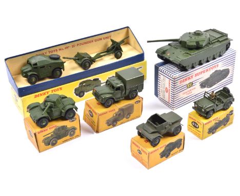 6 Dinky Toys Military items. 25-Poiunder Field Gun Set (697) comprising Field Artillery Tractor, limber and gun. Plus a Centu