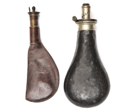 A leather covered powder flask, WM patent top ‘Quick Loading Fireproof’ by ‘James Dixon &amp; Sons Sheffield’, graduated nozz