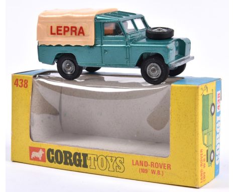 A scarce Corgi Toys LEPRA Land Rover 109" W.B. (438). An example in light metallic green with yellow interior, creamy pink re