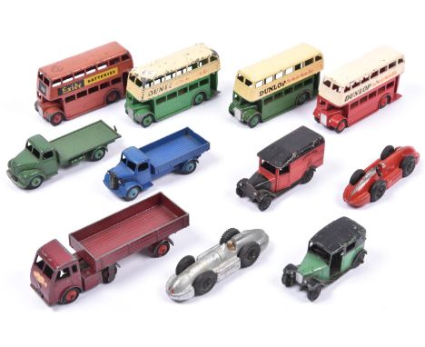 13 Dinky Toys. 2x Royal Mail Van (34b), in red and black with black wheels. Taxi (36g), in green and black with black wheels.