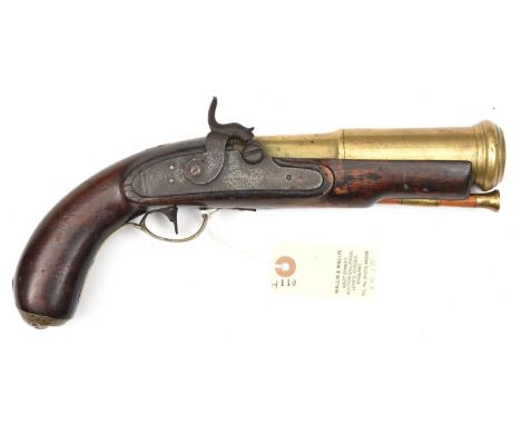 An unusual late 18th century brass barrelled percussion mortar or pyrotechnic pistol,  converted from flintlock with breech d