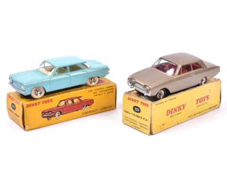 2 French Dinky Toys. Chevrolet Corvair (552) in turquoise with cream interior, dished spun wheels and white tyres. Plus a For