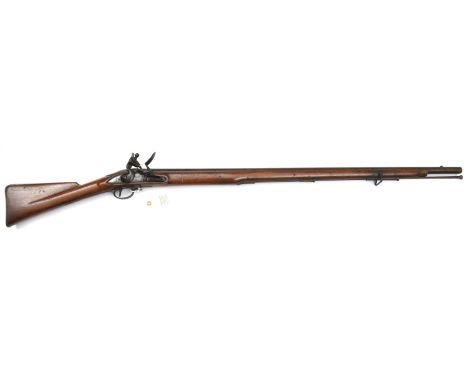 A 10 bore India Pattern Brown Bess flintlock musket, c 1800, 55” overall, barrel 39” with ordnance proofs and engraved ‘I. ‘M