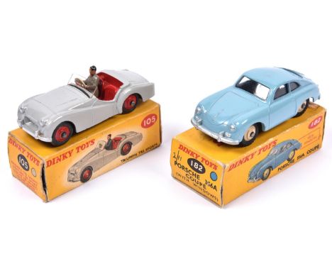 Dinky Toys Triumph TR2 Sports (105). A scarcer touring example in light grey with red interior and wheels, grey driver.Togeth