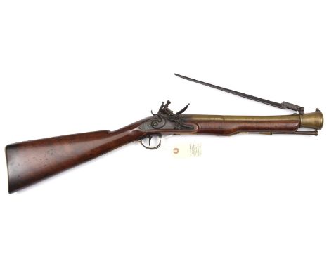 A brass barrelled flintlock blunderbuss with spring bayonet, by Wheeler, c 1800,  29½” overall, bell mouth barrel 14” with To