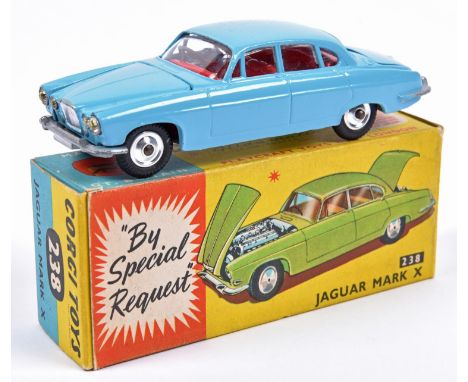 Corgi Toys Jaguar Mark X (238). Example in light blue with red interior, spun wheels and black tyres. With luggage in boot. B