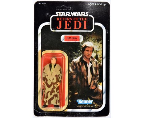 A Kenner Star Wars Return of the Jedi Han Solo (in Trench Coat) vintage 3.75" figure. On a sealed 1983 unpunched 77 back card