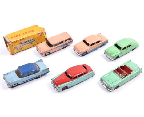 6 Dinky Toys. Nash Rambler in pink with blue flash and cream wheels. Ford Sedan lo-line in pink with blue lower. Studebaker L