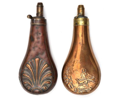 A copper powder flask ‘Shell and Bush’ (Riling 367), common brass top by Dixon &amp; Sons, 7¾”, and another ‘Dog &amp; Hunter