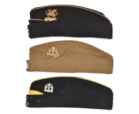 3 sidecaps: Middlesex blue cloth, yellow top, WM badge, bi-metal regimental buttons; Middlesex khaki, bi metal badge, univers