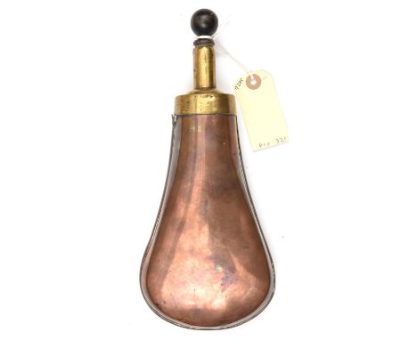 A large plain copper reservoir (?) flask,  brass top with ¾” diam. nozzle and darkwood stopper, 11” overall. GC (nozzle rim d