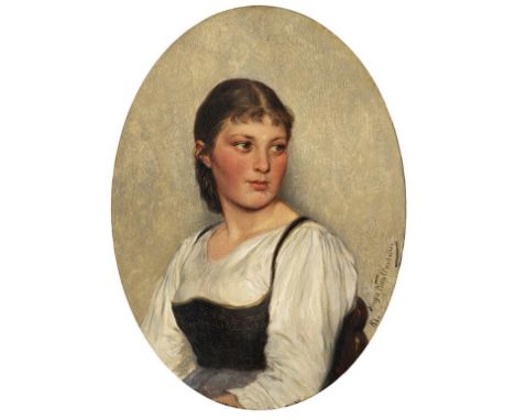 Hugo Kauffmann     1844 Hamburg - 1915 Prien am Chiemsee Mädel im Dirndl. 1881. Öl auf Holz.  An der rechten Seite im Medaill