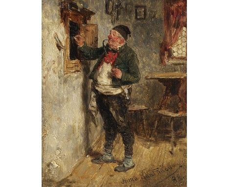 Hugo Kauffmann     1844 Hamburg - 1915 Prien am Chiemsee Wirt an der Tafel. 1888. Öl auf Holz.  Rechts unten signiert und dat