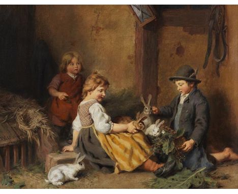 Felix Schlesinger     1833 Hamburg - 1910 Hamburg Kinder mit Hasen im Stall. Um 1870. Öl auf Leinwand.  Links am unteren Bild