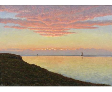 Albert Edvard Wang     1864 Horsens (Dänemark) - 1930 Hellerup (Dänemark) Küstenlandschaft im Abendrot. Um 1900-1920. Öl auf 