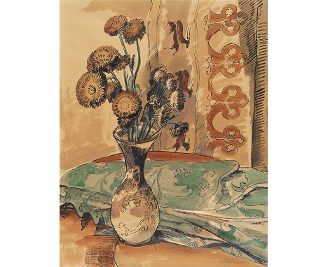 Hermann Max Pechstein     1881 Zwickau - 1955 Berlin Blumenstillleben mit grüner Decke. 1927. Tuschpinsel und Aquarell.  Rech